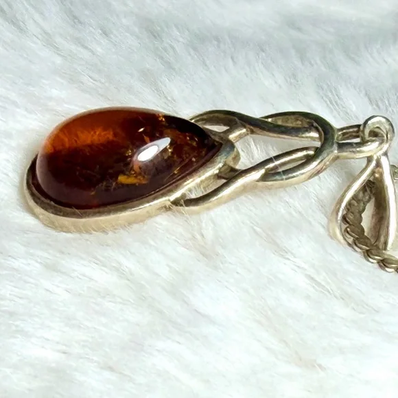 Signed Sterling Silver & Amber Necklace - Picture 3 of 7